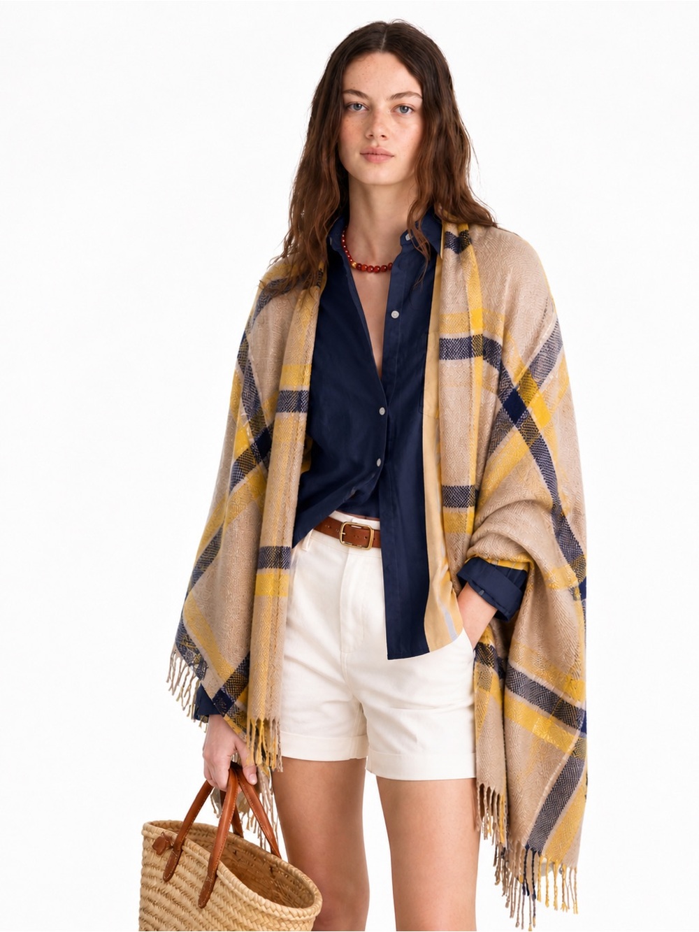 Madewell Charlie Check Mystic Tan Yellow Navy Plaid Cape Scarf Shawl Wrap